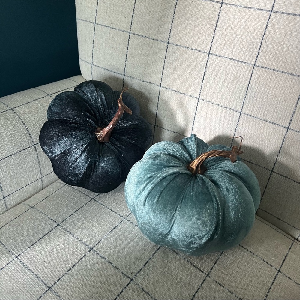 Faux Velvet Pumpkin Decor Set in Navy and Light Blue